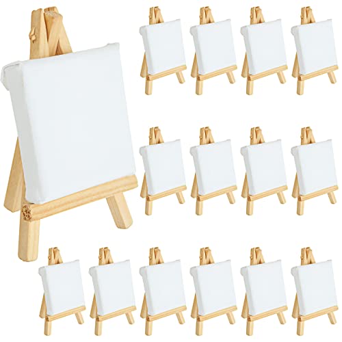 RILIHII ミニ 張りキャンバス セット イーゼル付き 芸術絵創作 現代油絵 美術装飾 水彩絵・アクリル絵・油絵に適用(7cmミニキャンバス16枚+木製卓上...