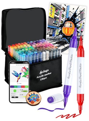 アクリルマーカー 120色セット 色付き号水性ペン 無料アプリ付き カラーペン 毒性無し 防水 速乾 耐光 太細両端 プラ板/ガラス/陶器/木材/布/石に書ける...