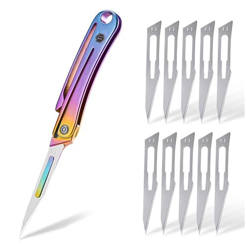 KeyUnity KK07HM ミニチタン合金ナイフ アートナイフ 替え刃 10枚 細工用カッター 切り絵彫刻刀 キーリング付き 小型 軽量 防水 折り畳み