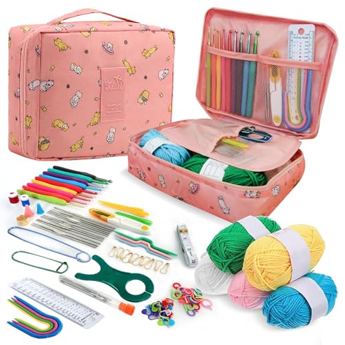編み物 初心者 キット かぎ針セット 100PCS かぎ針編みキット かわいい編み物キット、DIY 編み物、小物、ハンドメイドクラフト初心者用スターターかぎ針編...