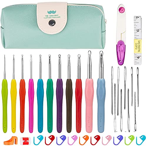 Yetaha かぎ針セット 11本編み針 毛糸針 手縫い針 レース針 ジャンボかぎ針 ステッチマーカー 段数マーカー 手芸 編み物 毛糸 DIY 工具 小物付き セーター/帽子/ニット 35点セット ケース付き