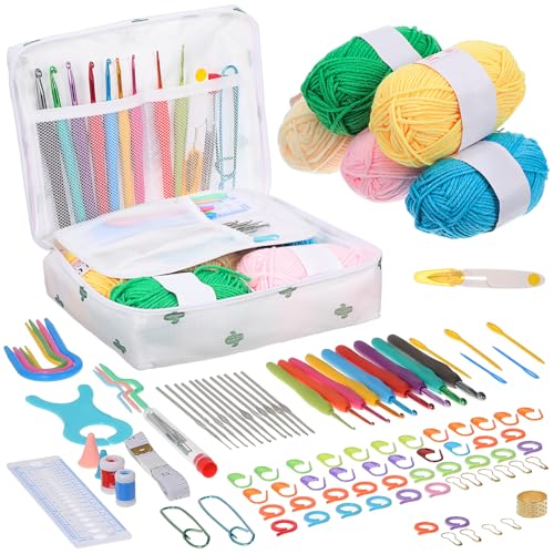 Lurrose かぎ針 セット 編み物 初心者 キット かぎ編み 100点セット あみものキット 5色毛糸・収納バッグ付き DIY 手編みクラフト 大人 基礎 ...