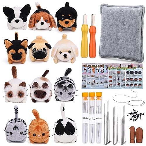 RMTIME 羊毛フェルト 針刺しキット 12点入門セット(フェルトマット・説明書付き) - DIY手作り動物、自宅装飾、誕生日プレゼントに