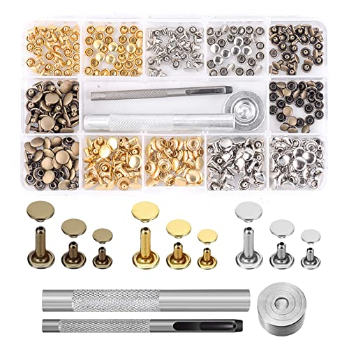 YFFSFDC カシメセット レザークラフト 3サイズ 3種色リベット リベットパーツ スタッズ 底鋲 打ち具キット 打ち台 パーツ DIY 手作り ベルト 布革細工 靴 ジーンズカバン 収納ケース付き（90Pcs