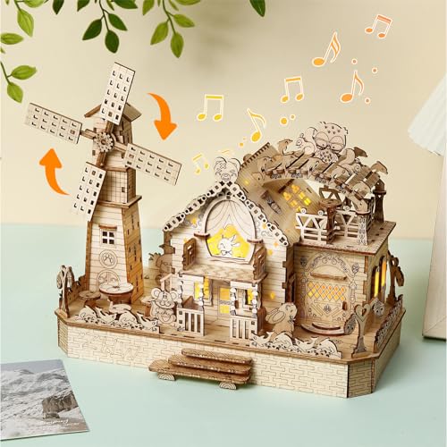 Hallisun 3D木製パズル かわいい動物 森のパーティー ウッドパズル, LEDライト機能搭載 音楽ボックス機能搭載 ミニチュアハウス, 風車回転可能機械...