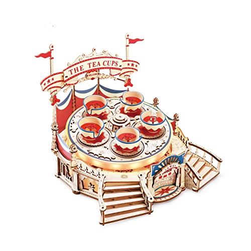 つくるんです? あんしん 日本語説明書付 3D ウッドパズル遊園地シリーズ (ティーカップ) コーヒーカップ アトラクション ミニチュア 光る