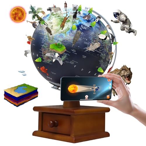 FUN GLOBE 地球儀 子供用AR しゃべる地球儀 球径25cm 日本語 3Dで学べる 360°回転可能 半円定規 LEDライト付き AR十二大モジュール ...
