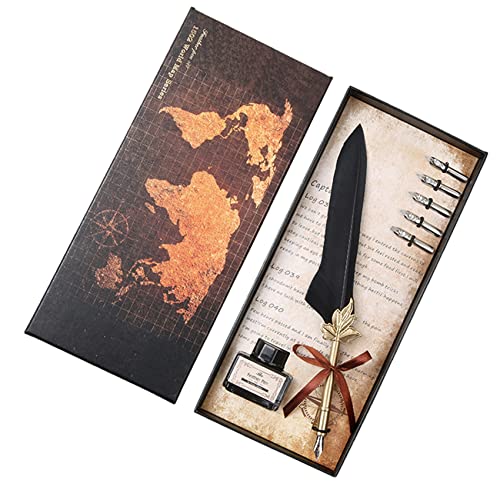 NOELAMOUR 羽根ペン アンティーク 万年筆 インクボトル セット 羽ペン フェザー ディップペン (ブラック)