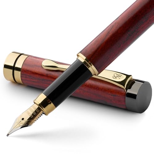 ワーズワース&ブラック最高級のプレミアム木製万年筆 - クレスト(ローズウッド)| 6本の万年筆インクカートリッジ(ブラック&ブルー) | 24Kゴールド仕上げ...