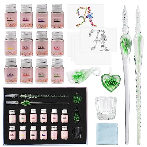 【iMLEi】 ガラスディップペン ペン2本 インクボトルセット 12色 【イラストレーター推奨】 お手本 ぬり絵 ポストカード3枚付き ガラスペンインクセット...