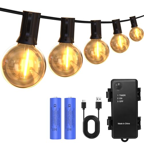 LEDストリングライト USB充電式 防雨型 12m 16個LED電球 E12口金 5000mAh タイマー機能 G40 電球色 PC..