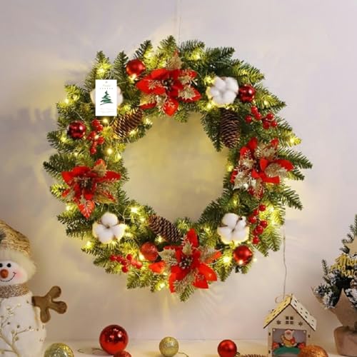 nicojoy クリスマスリース 玄関ドア用 直径40cm LEDライト付き クリスマス 飾り フラワーリース ナチュラルリース 花輪 壁掛け 電池式 高級風 ...