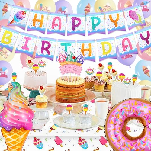 誕生日 アイスクリーム風船 Happy Birthday バルーン パーティー 飾り付け アルミ風船 ハッピー バースデー 文字 リボン付き ガーランド 女の子 (JP8IC)