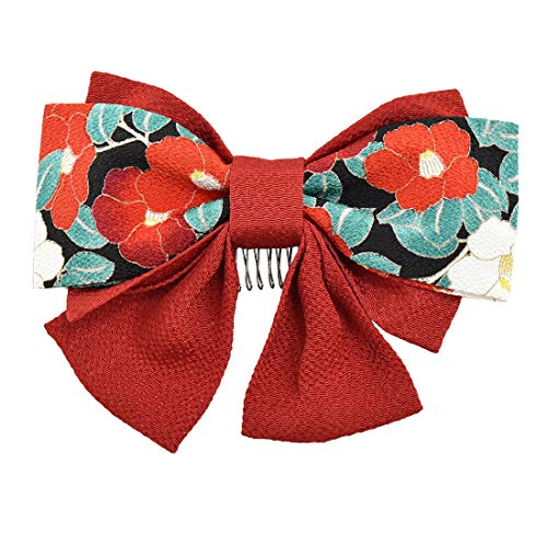 和装 髪飾り 卒業式 袴 日本製 [なごみや] 大正 リボン 垂れ付き ちりめん 友禅 コーム レディース 1赤地黒椿