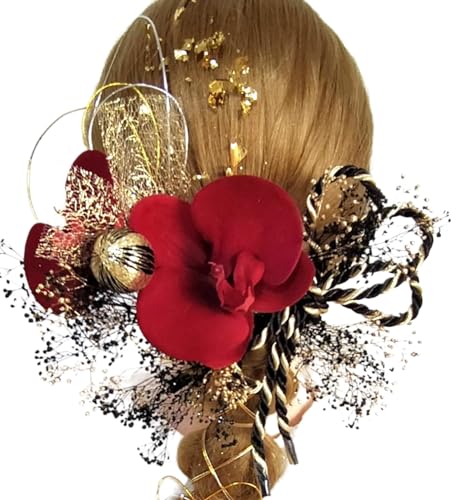 【髪飾りカスミ専門店Tata8】日本製 成人式 髪飾り 振袖 結婚式 卒業式 袴 和装 高級造花胡蝶蘭 水引き 和玉 金箔 リボン(ワインレッド/ゴールド/黒/...