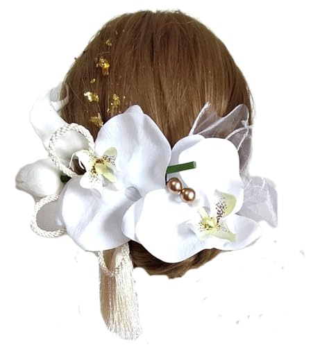 【日本製/国産 高級大きい造花髪飾り 9点セット】成人式・振袖・結婚式・卒業式・袴・前撮り｜本物のお花｜着物・和装・ウェディングドレス・浴衣対応｜胡蝶蘭2輪・チューリップ・カラ