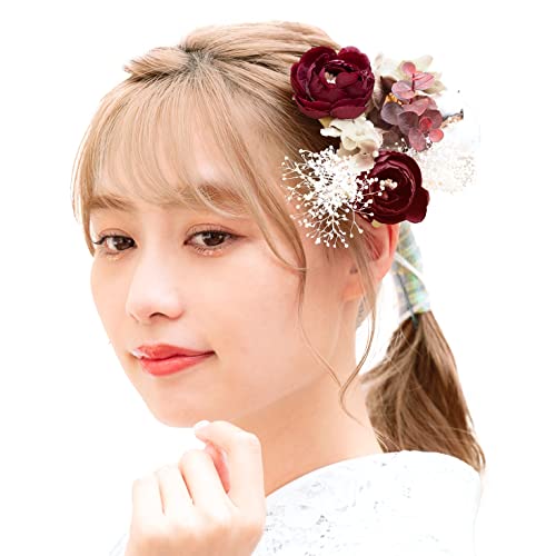 ソウビエン 成人式 髪飾り ドライフラワー テイスト かすみ草 造花 3点 セット B レッド(sbn-kaz10008)