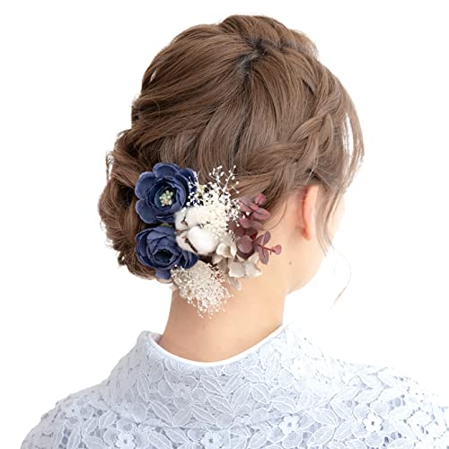 [SOUBIEN] ソウビエン 成人式 髪飾り ドライフラワー テイスト かすみ草 造花 3点 セット E ネイビー (sbn-kaz10011)