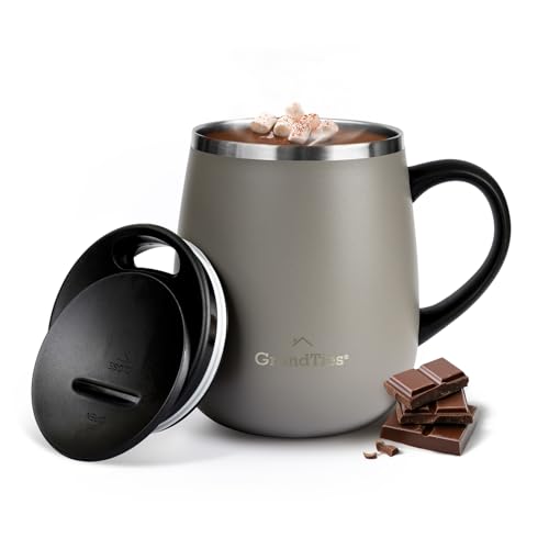 GRANDTIES グランタイズ 全19色 プレミアム真空断熱マグカップ 460ml 簡単開閉スライド蓋付き ステンレス製 二重壁真空断熱構造 保温・保冷機能付き オフィスでも人気(カフェラテ)