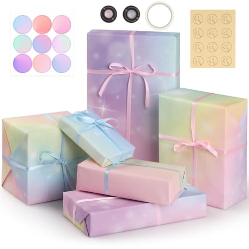 Bigqin 包装紙 ラッピングペーパーセット 厚手 大判 美しい 破れにくい 星空オーロラ 包装ペーパ ギフト包装 ラッピング用品 包装資材, 6枚入り 50...