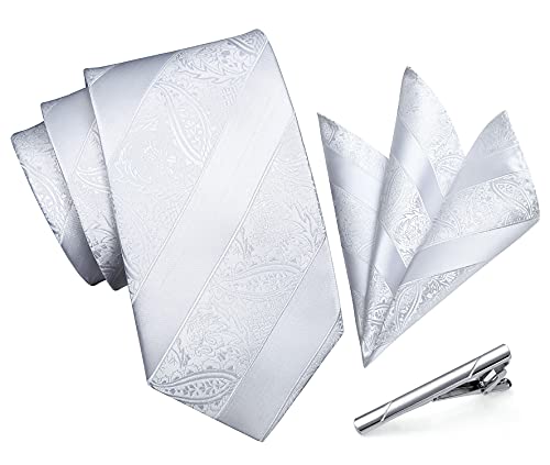 [HISDERN] ネクタイ 白 結婚式 チーフ メンズ ビジネス ハンカチ おしゃれ ネクタイネ 3点セット クリ..