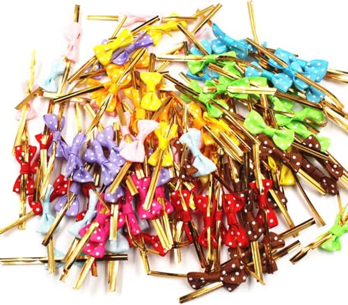 siawadeky ラッピングタイ リボン付き 300本セット ミックスカラー 無地 金 ビニタイ 可愛い 蝶結び ワイヤータイ DIY装飾 メタリック 手作り素材 クリスマス 誕生日 結婚式 ギフト飾り お菓子袋