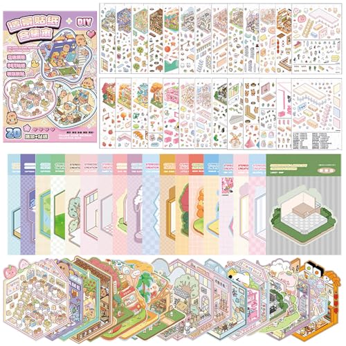 3D ハウスステッカー 造景シール 立体 多様なシーン 自由に組み合わせ DIYコラージュ素材 紙ミニチュア模型 可愛い 手帳素材パック おしゃれな手帳素材パッ...