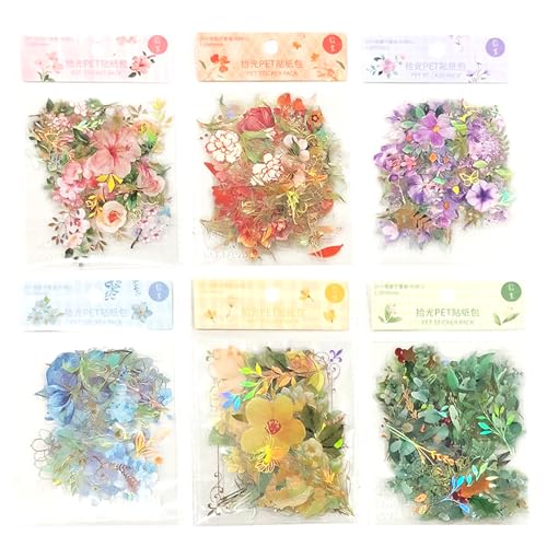 オーディオファン シール フレークシール 6パック 花 植物 フレーク 透明・箔押し・防水 DIY 手帳の飾..