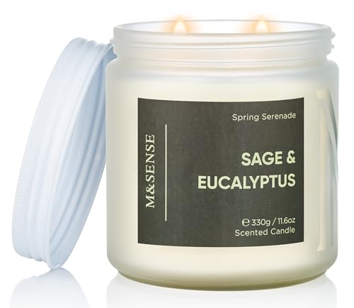 M&SENSE アロマキャンドル キャンドル 大型 セージ＆ユーカリの香り 330g 燃焼時間70時間 2本の芯 ソイ..