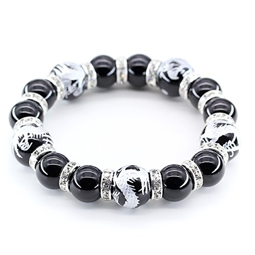 [石輝] 4A数珠 銀彫龍14mmオニキスブレスレット 桐箱付き お守り運気UP 天然石[b011]