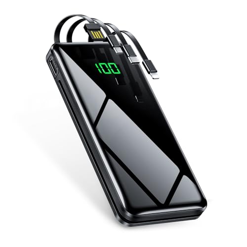 モバイルバッテリー 大容量 【35000mAh大容量・2025新設計】 4つのケーブル内蔵 急速充電 バッテリー 軽量 携帯充電器 スマホ充電器 4台同時充電 LCD残量数字表示 コンパクト 2.1A出力 3WAY入力 持