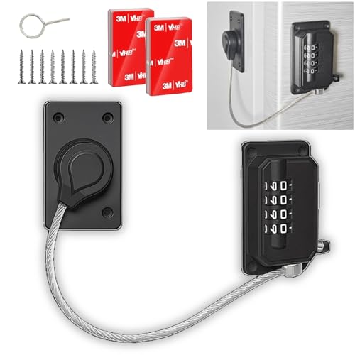 GRHONC ドアロック チャイルドロック 後付け 穴あけ不要 ダイヤル式 強力ワイヤー 360度回転 引き戸 室内ドア 鍵 ?供 防犯 (ブラック)