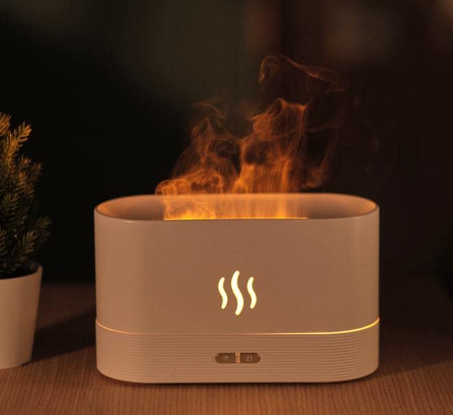 MORASTYLE アロマ ディフューザー 加湿器 卓上 おしゃれ LED ライト 炎 焚き火 フレイム 明るさ 調節 空焚き防止 揺らぐ炎 コンパクト (ホワイト)