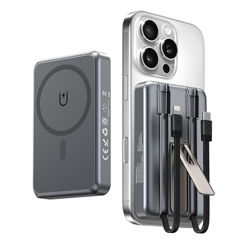 Magsafe対応モバイルバッテリー 16800mAh 大容量【ケーブル内蔵・4台同時充電】軽量 PD22.5W+15Wワイヤレス急速充電 スタンド付き LED...