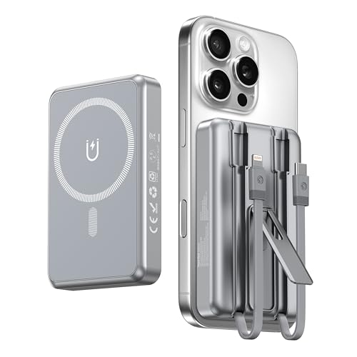 Magsafe対応モバイルバッテリー 16800mAh 大容量【ケーブル内蔵・4台同時充電】軽量 PD22.5W+15Wワイヤレス急速充電 スタンド付き LED...