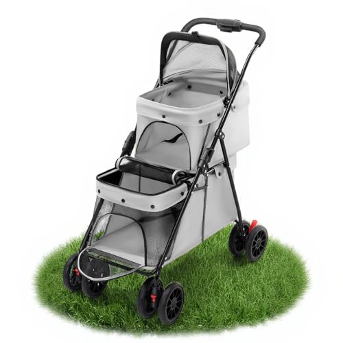 PonyLes ペットカート犬 バギー 多頭 上下2段式 小型犬 中型犬 猫 ワンタッチ 折り畳み コンパクト 4輪 前輪360°回転 後輪ブレーキ付き 耐荷重25KG 上段10KG 下段15KG 多頭飼い対応 お出かけ 散歩