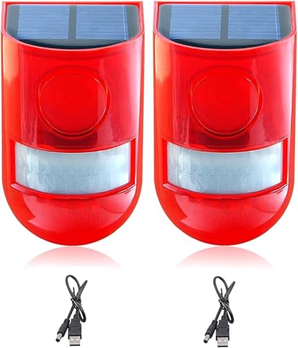 SCOCCA太陽警告灯2個 屋外ソーラー充電 人感センサー アラーム 自動モーションセンサーライト 110dBサ..