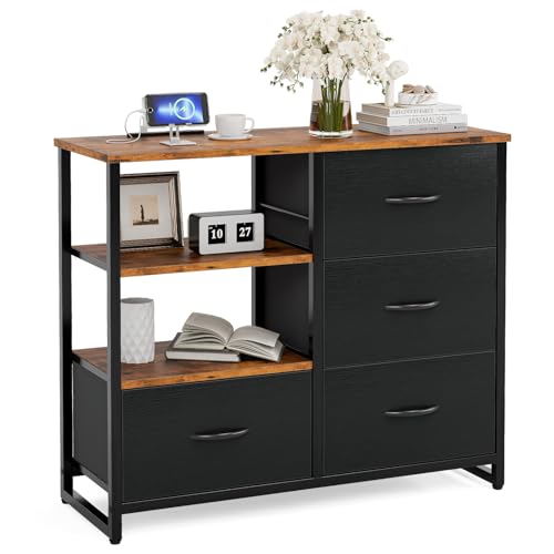IKIFLY チェスト収納 タンス 棚付き 箪笥 リビング収納チェストUSBポート付き おしゃれ コンセント付き 収納ケース 引き出し 大容量 北欧 洋服タンス...