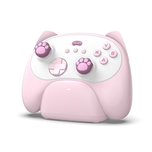 ワイヤレスコントローラ-充電スタンド付き-PC/Switch/Android/iOS に対応、かわいい 猫耳デザイン、6軸ジャイロセンサー、マクロ機能、連射機能...