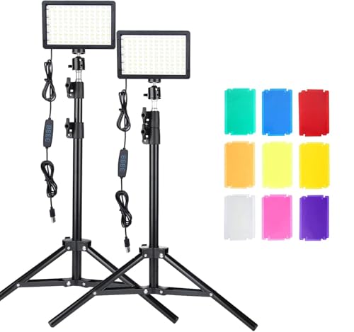 AiknowFoto 撮影用ライト USB照明ライト2packセット 調光可能 10000K ビデオライト LED写真ライト 調整可能な三脚と9色カラーフィルタ...