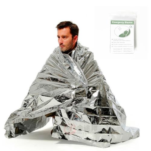 緊急用アルミブランケット, 210x140cm, ポリエステル製, 防寒 防風 保温 防災グッズ サバイバルシート 大判 アルミブランケット レスキュー 簡易毛布 地震 災害対策 備蓄用 防災用品 避難用品