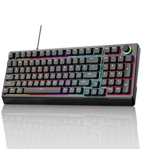 ゲーミングキーボード 青軸 98 キー メカニカル LED バックライト付き ワード発光 USB 有線 高速応答 数字キー付き 音量調整ノブ オフィス/ゲーミン...