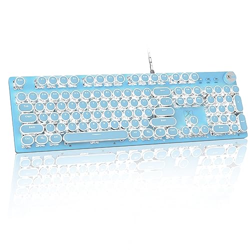 ZIYOU LANG 有線パンクキーボード メカニカルキーボードノブ付き レトロなラウンドキーキャップ タイプライター 青軸 104キー フルキーアンチゴースト...