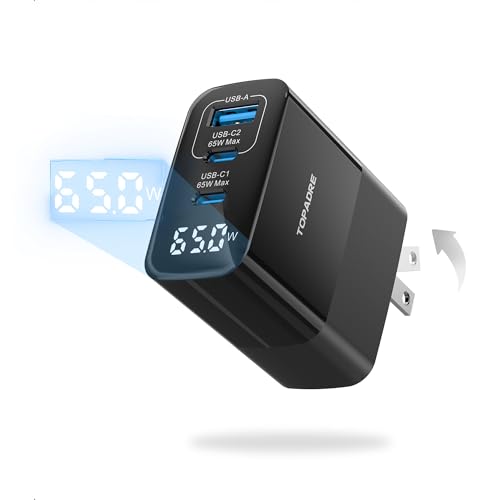 TOPADRE 急速充電器 65w Type-C PD充電器 [超低温/折りたたみ式プラグ/LEDディスプレイ搭載/GaNIII技術] USB-C×2 & USB-A 携帯タイプc充 電器 PD3.0/QC4+/PPS 規格対応 コンパクト MacBook/Surface/iPad/iPhone/Samsungな