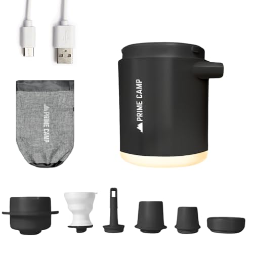 プライムキャンプ エアーポンプ 電動 空気入れ 超軽量 強力170L/分 【6つのノズル＆ライト付】 エアポンプ 1360mAh大容量バッテリー USB充電式 空気抜き インフレーターマット キャンプ 浮き
