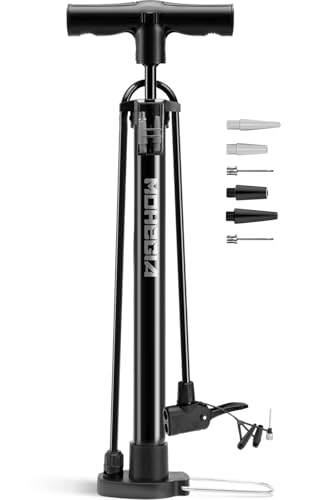 MOHEGIA 自転車 空気入れ 軽量 折りたたみ：自転車ポンプ 仏式 米式 英式バルブ対応 - コンパクト ポータブル フロアポンプ - タイヤ/ボール/風船を膨らませる - 合金鋼・樹脂製 6本アダプター
