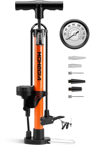 MOHEGIA 自転車 空気入れ 圧力計付き160PSI: 軽量 折りたたみ 自転車ポンプ 仏式 米式 英式バルブ対応 - コンパクト ポータブル フロアポンプ - タイヤ/ボール/風船を膨らませる - 合金鋼・樹脂製