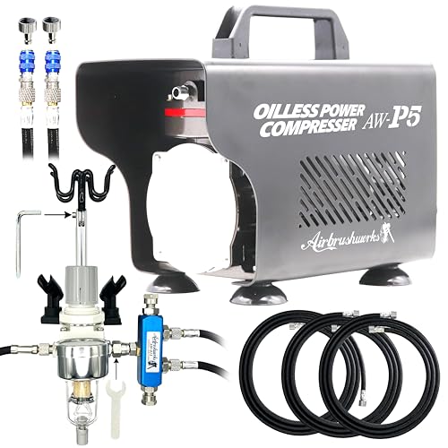 【エアブラシワークス】プロ監修 エアブラシ コンプレッサー セット 静音 プラモデル AW-P5 プロのエアブラシシステムを卓上に 4本接続 2本同時使用可能 ...