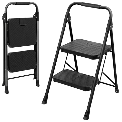PYKES PEAK (パイクスピーク) 脚立 折りたたみ 2段 【 セーフティロック付き 組み立て不要 手すり 滑り止め スチール製 】耐荷重150kg コンパクト 持ち運び便利 室内 家庭用 踏み台 はしご おしゃ