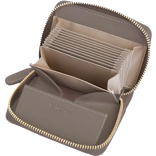 M - [RafiCaro] ミニ財布 お札が折れない レディース メンズ 二つ折り財布 大容量 じゃばら カードケース ボックス型 小銭入れ YKKファスナー 牛革 小さい コンパクト グレージュ